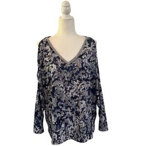Juicy‎ Couture Faux Sequin Cold Shoulder Blouse Metallic Navy Silver Party XL
